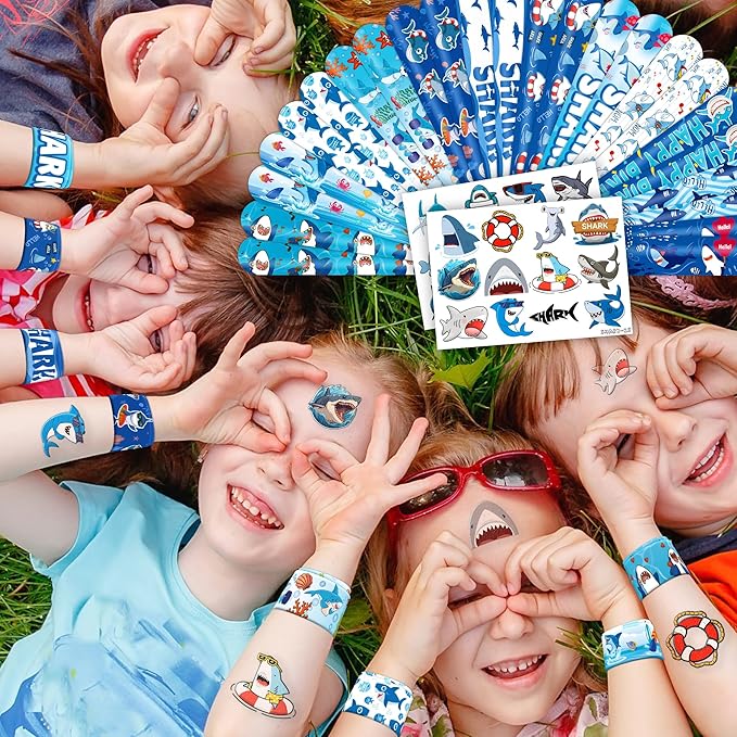 48PCS Shark Party Favors - 24PCS Tattoos & 24PCS Slap Bracelets - Ocean-Themed Birthday Supplies, Undersea Decorations, Classroom Prizes, Gifts for Boys & Girls