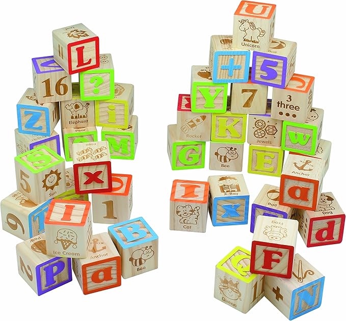 Maxim Deluxe Wooden ABC Blocks. Extra-Large Engraved Baby Alphabet Letters, Counting & Building Block Set
