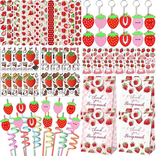 Strawberry Party Favor 72 PCS Sweet Berry Slap Bracelets DIY Stickers Temporary Tattoos Keychain Plastic Straws Gift Bags for Kids Girls Birthday Party Baby Shower Summer Fruit Goodie Bag Fillers