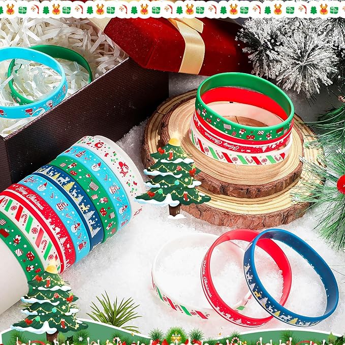 Wettarn 60 Pcs Christmas Bracelets Prizes for Kids Xmas Party Favors Silicone Wristbands Snowman Santa Claus Reindeer Bracelet for Kids Adults Festival Party Supplies Stocking Stuffers Gift