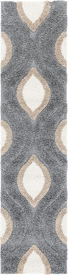 SAFAVIEH Florida Shag Collection Runner Rug - 2'3" x 9', Grey & Ivory, Modern Ogee Design, Non-Shedding & Easy Care, 1.2-inch Thick Ideal for High Traffic Areas in Living Room, Bedroom (SG461-8012)
