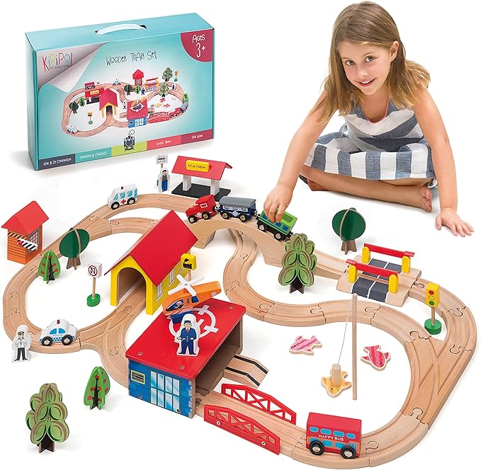 Wooden Train Set - 69 Pieces Wooden Train Tracks & Trains for Kids, Toddler Boys and Girls 3,4,5 Years Old and Upā Premium Wood Construction Toys -Fits Thomas, Brio, IKEA, Melissa and Doug