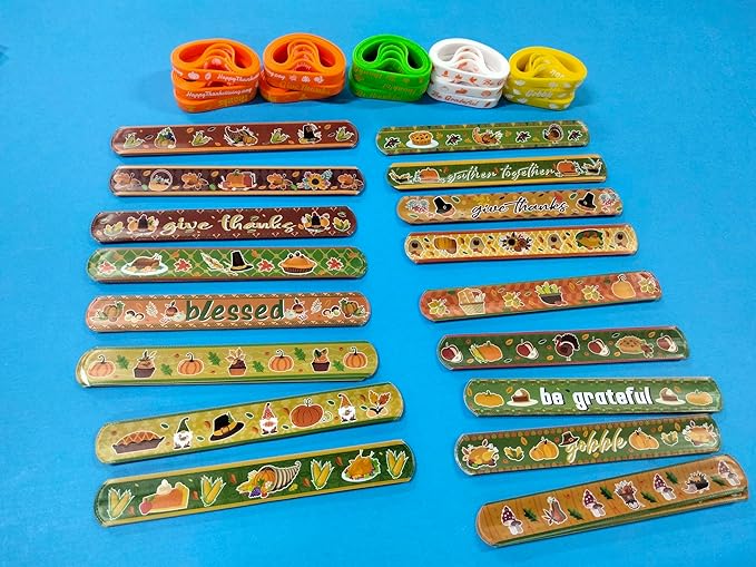 Wettarn 144 Pcs Thanksgiving Slap Bracelets and Silicone Wristbands Bulk for Kids Includes 72 Pcs Snap Bracelets and 72 Pcs Rubber Bracelets Fall Party Favors Autumn Slap Bands for Classroom Prize
