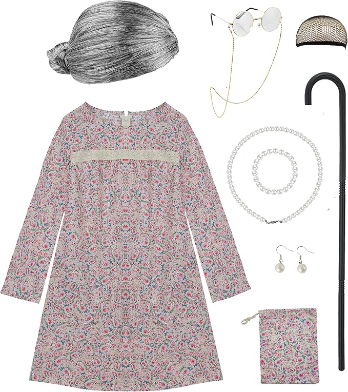 Girls cotton 100 days of school Costume Grandma Cotton dress Halloween cosplay Little Old Lady Costume for kids