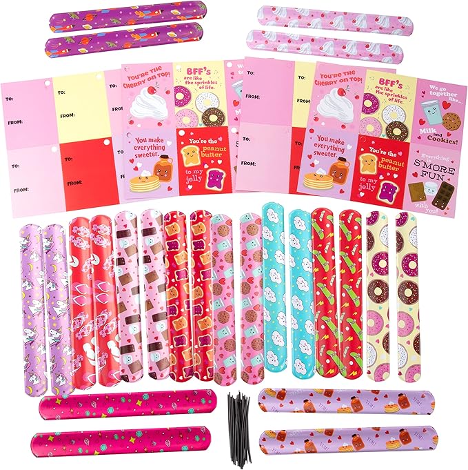 Set of 24 Valentines Cards for Kids Classroom - Valentine's Day Sweet Pals Slap Bracelets for Kids School - Each Valentines Gift Includes a Friendship Bracelet & Card for Boys Girls Classroom Exchange