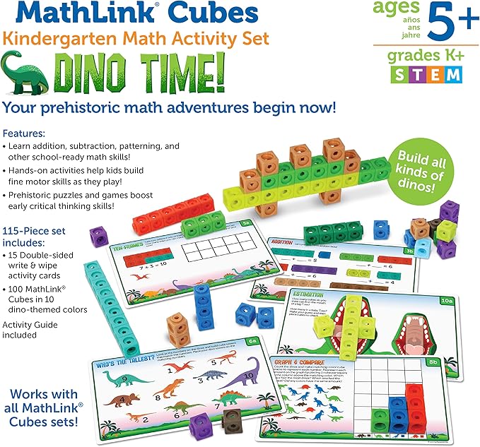 Learning Resources MathLink Cubes Kindergarten Math Activity Set: Dino Time! 115 Pieces, Ages 5+ Kindergarten STEM Activities, Math Games for Kids, Mathlink Cubes Activity Set, Ages 5+