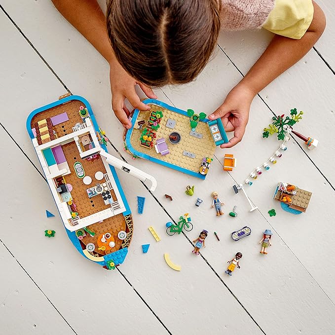 LEGO 41702 Friends The Barge Boat Toy for Children from 7 Years with Garden, 4 Mini Dolls, Animal Figurines, Nature Set
