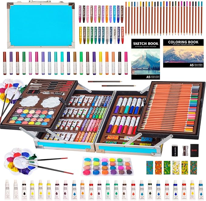 KINSPORY Deluxe Art Supplies Kit for Kids, Boys, Girls, Teens, Ages 5-12, with Sketch Pad, Watercolors, Crayons, Pencils, Markers, Oil Pastels, Palettes, Brushes, Erasers - Blue