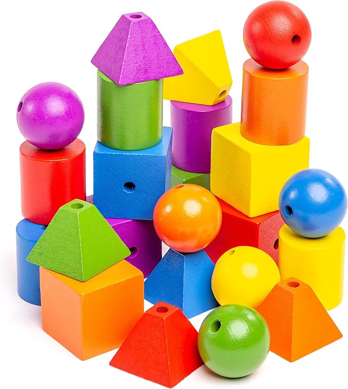 Stages Sensory Builder Colorful Wooden Stringing Beads in Wooden Storage Tray, 24 Beads and 2 Strings, for Developing fine Motor Skills and Hand Eye Coordination