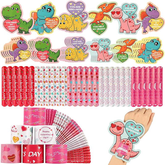 Mibor Valentines Day Cards for Kids - 30 Pcs Dinosaur Gift Cards + 30 Pack Slap Bracelets for Valentines Party Favors, Valentines Day Cards for Kids Party Decorations, Valentines Gift Snap Bracelets