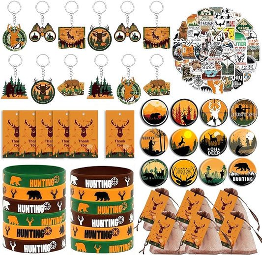 Tazimi 110 PCS Hunting Party Favors Hunting Birthday Party Supplies Camo Party Favors with Hunting Keychains Stickers Rubber Bracelets Button Pins and Bags for Hunting Theme Party