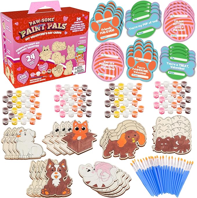 Set of 24 Valentines Cards for Kids Classroom -Valentine's Day Cats & Dogs Wood Painting Kits for Kids School -Each Valentines Gift Includes Complete Craft Kit & Card for Boys Girls Classroom Exchange