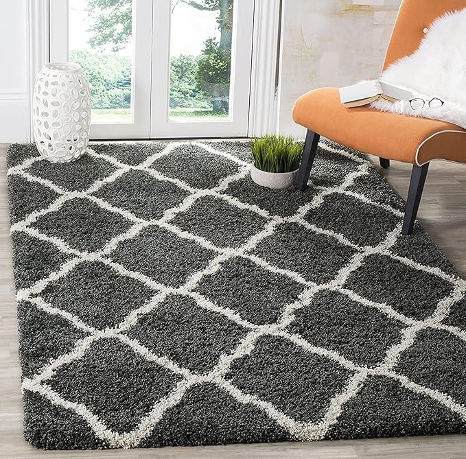 SAFAVIEH Hudson Shag Collection Accent Rug - 3' x 5', Dark Grey & Ivory, Trellis Design, Non-Shedding & Easy Care, 2-inch Thick Ideal for High Traffic Areas in Entryway, Living Room, Bedroom (SGH283G)