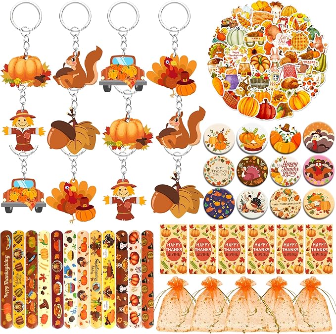 110 PCS Thanksgiving Party Favors Autumn Party Supplies with Key Chains Button Pins Stickers Rubber Bracelets for Fall Party Favors Decorations Classroom Prizes