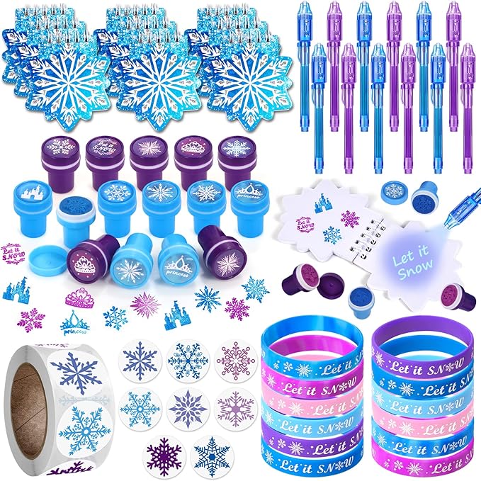 Winrayk Frozen Party Favors Birthday Supplies for Girls Kids, Invisible Ink Pen Snowflake Notebook Silicone Bracelet Stamper Sticker, Goodie Bag Stuffer Pinata Elsa Winter Party Favors Decor Serves 12