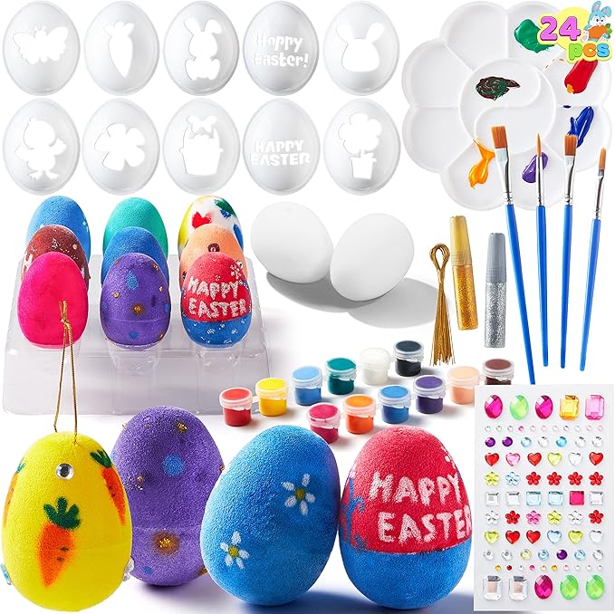 Klever Kits 24Pcs Easter Eggs Painting Kit Easter Egg Coloring Craft DIY Doodle for Kids with Stickers and Stencils for Theme Party, Creativity Activities, Decoration