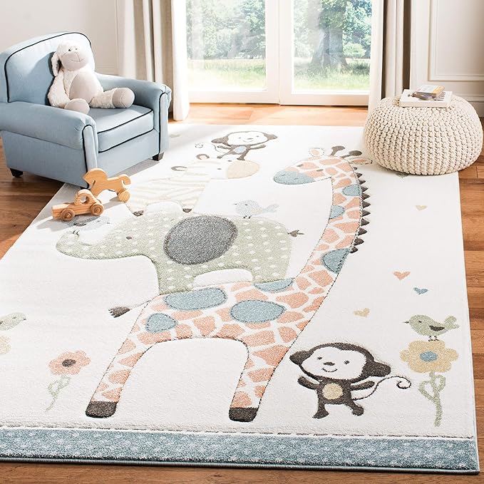 SAFAVIEH Carousel Kids Collection Area Rug - 9' x 12', Ivory, Animal Design, Non-Shedding & Easy Care, Ideal for High Traffic Areas for Boys & Girls in Playroom, Nursery, Bedroom (CRK120A)