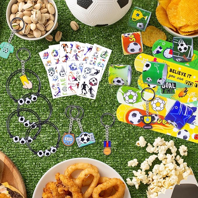 132Pcs Soccer Party Favors,12Pcs Soccer Drawstring Bags,12Pcs 2.4 Inch Mini Soccer with Soccer Keychains Stickers Bracelet Whistle Slap Bracelets Tattoo Stickers for Soccer Party Decorations Supplies