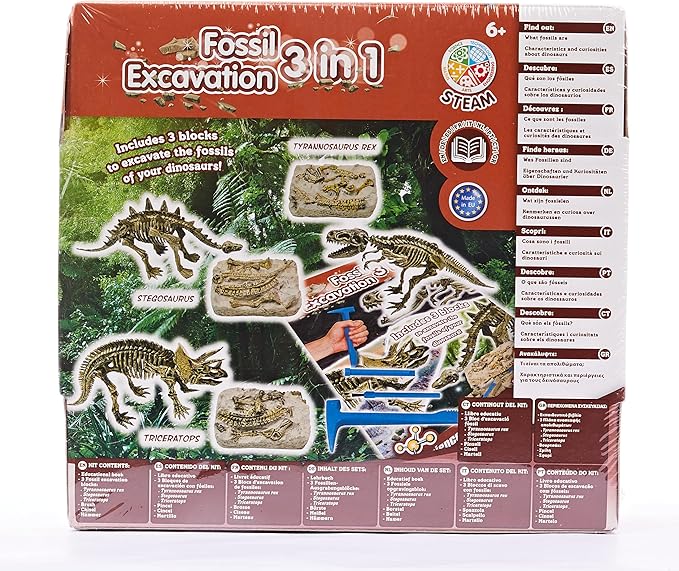 Science4you Dinosaur Fossil Excavation 3 in 1 - Fossil Digging Kit for Kids: T-Rex & Triceratops & Stegosaurus, 3 Dinosaurs Toys for Kids, 37 Pieces, Toys, Games, Gifts for 6+ Year Old Boys and Girls