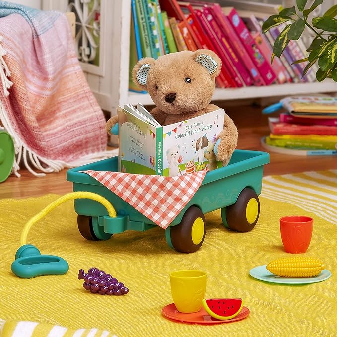 B. Toys- Happyhues - Cara-Mellow Bear Playset- Plush Bear with Picnic Play Set-Board Book – Wagon & Play Food – 18 Months +
