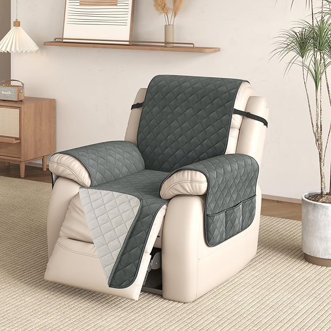 CHUN YI Recliner Chair Cover, Non-Slip Recliner Covers, Washable Lazy Boy Recliner Covers with Pockets, Water Resistant Recliner Slipcover for Pets (Dark Grey, Small Recliner)