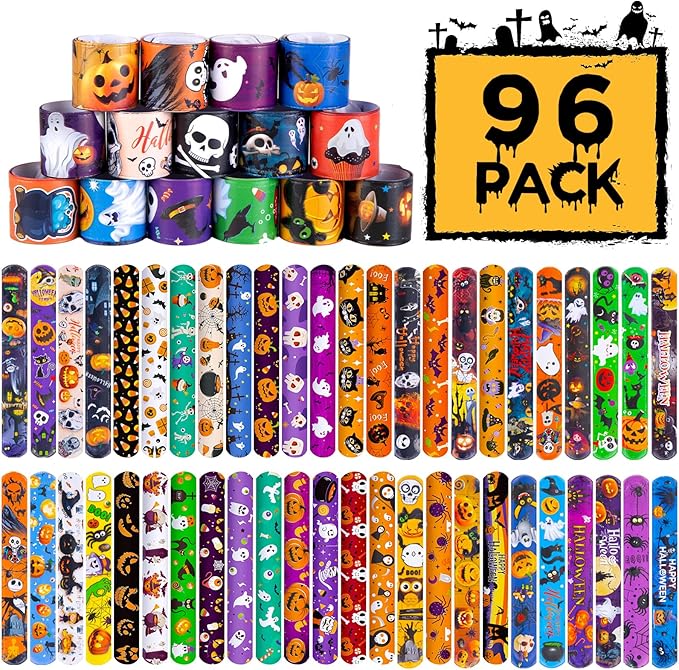 Shindel Halloween Slap Bracelets, 96PCS Kids Halloween Party Favors Halloween Slap Bands Wristbands Bulk for Goodie Bag Stuffers Trick or Treat