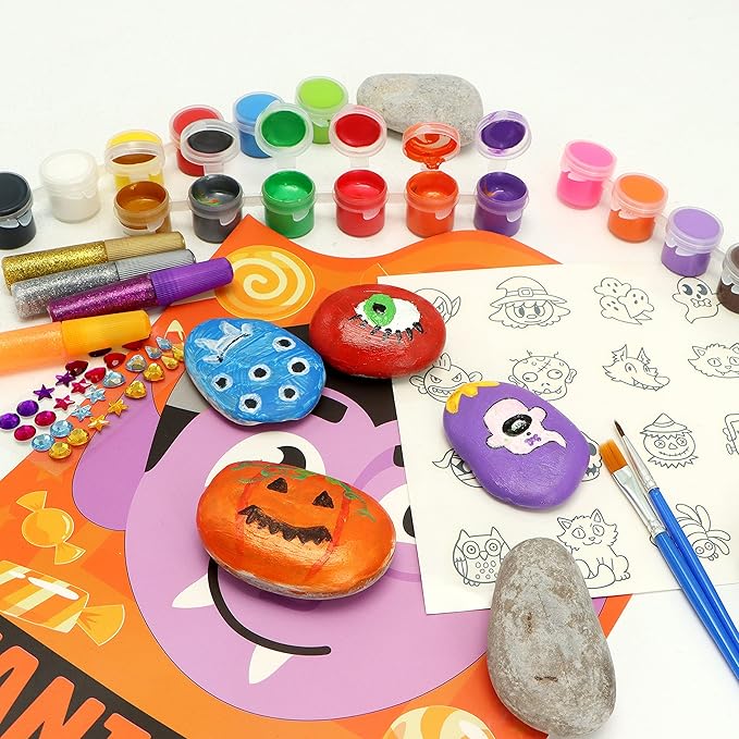 Klever Kits 12 Halloween Rock Painting Kit for Kids, Creativity Arts Crafts DIY Supplies Kit with 18 Paint Tubs, Decorate Your Own for Kids Painting Gifts, Family Activity, Birthday Present, Halloween