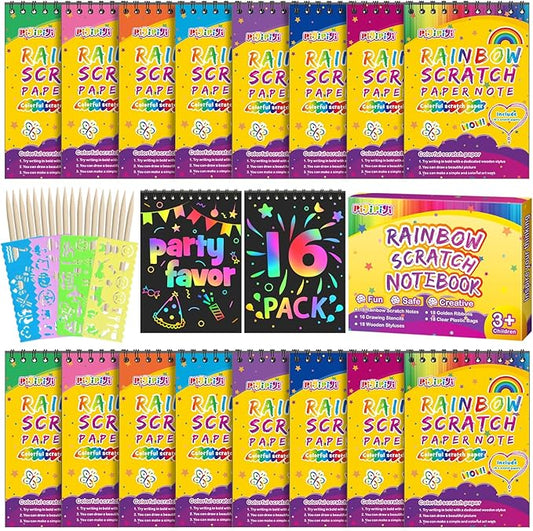 pigipigi Scratch Paper Party Favor: 16 Pack Rainbow Scratch Notebook for Kid Art Craft Supplies Age 3-12 Boys Girls Coloring Book Birthday Christmas Easter Toy Gift Activity Drawing Kit