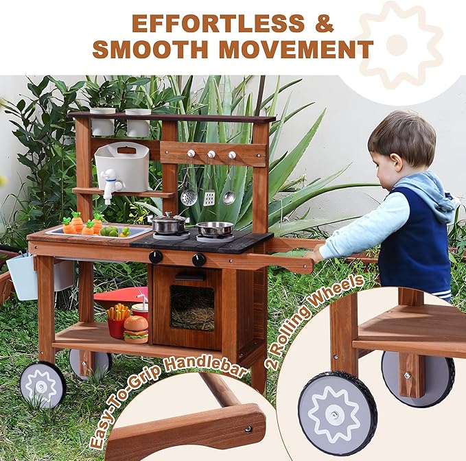 ROBOTIME Mud Kitchen for Kids Outdoor, Wooden Kids Kitchen Playset with Wheels, Outdoor Play Kitchen with Accessories, Fun Backyard Pretend Outdoor Toy Kitchen for Boys Girls Ages 3+