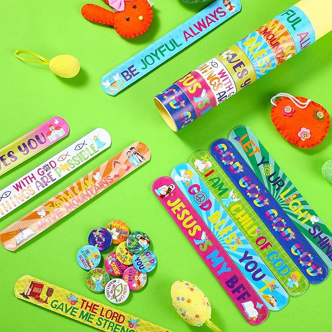 Frienda 60 Pcs Easter Religious Gifts Religious Slap Bracelets with Badges Christian Gifts for Kids Jesus Love You Wristbands Bracelets for Vbs Sunday School Supplies Birthday Party Favors(God)