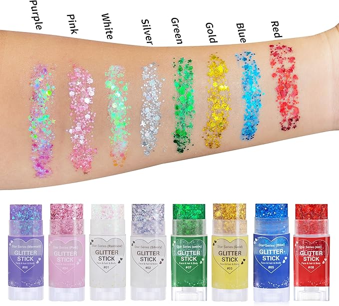 Silver Hair Glitter Stick,Cheer Body Face Glitter,Mardi Gras Outfit for Women,Rave Music Festival Singer Concert Accessories,Waterproof Halloween Cosplay Shimmer Makeup