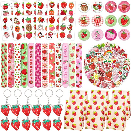 Strawberry Party Favors 110PCS Strawberry Theme Slap Bracelets Stickers Key Chains Badge Gift Bags Temporary Tattoos for Kids Baby Shower Berry First Birthday Party Supplies Decorations