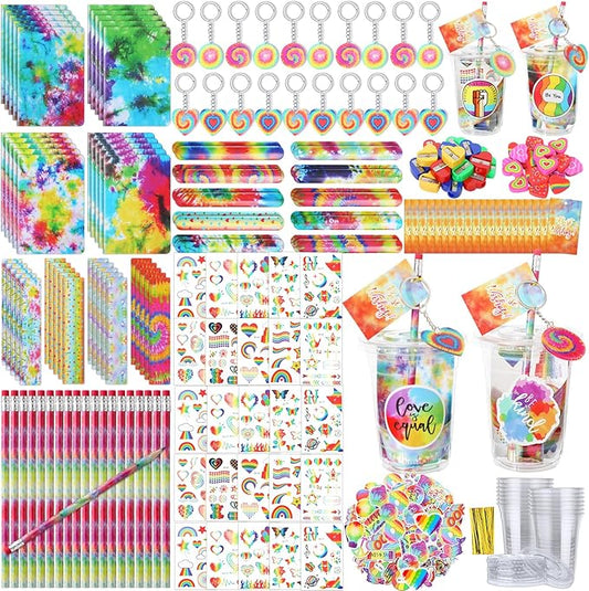 Noveread 251 Pcs Party Favors Set Includes Drink Gift Cup Mini Notebooks Pencils Heart Eraser Pencil Sharpener Slap Bracelets Ruler Tattoo Stickers Cards Keychain School Stationery Set (Tie Dye)