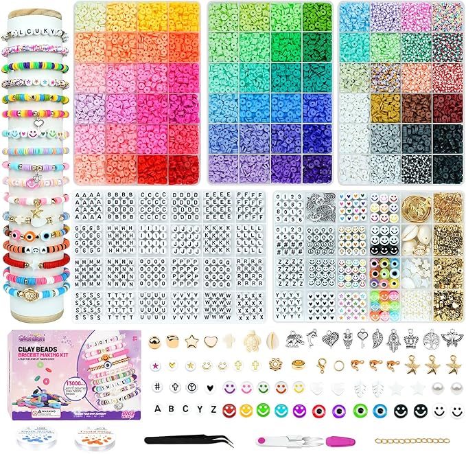 Gionlion Clay Beads Friendship Bracelet Making Kit,72 Colors Preppy Clay Beads A-Z Letter Beads Number Beads& Charms Kit Complete Friendship Jewelry Making Kit DIY Crafts Gift for Teen Girls
