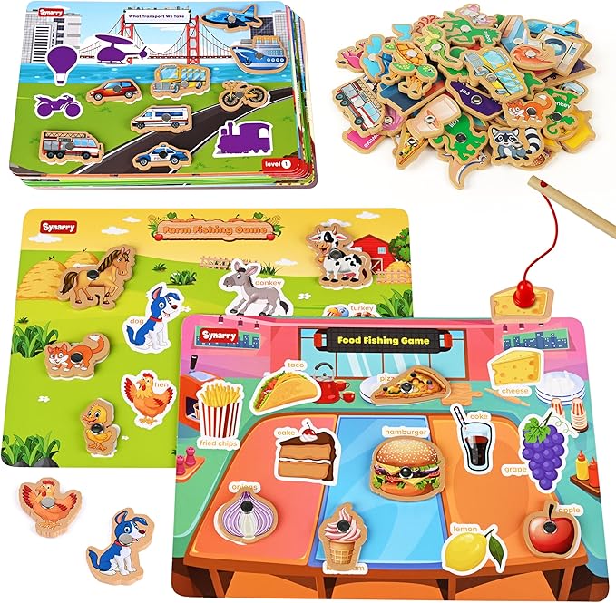 SYNARRY 89 Pcs Wooden Magnetic Sight Word Fishing Game Preschool Activity, Memory Sorting Matching Game for 3 4 5 Years Old Learning Flashcards, Montessori Educational Toys Gifts for Kids Ages 3-5 4-6