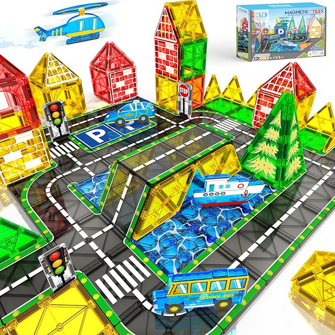 Magnetic Tiles Road Set with Car Magnet Building Tile Toys for Kids Ages 3-5 4-8 5-7 Magnetic Blocks Expansion Pack STEM Construction Toys for 3 Year Old Boy Girl Toddler Christmas Birthday Gift 42pcs