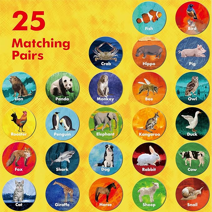 Realistic Animal Matching Game, 50 PCS Round Animal Memory Matching Cards for Toddlers 25 Pairs Real Animal Memory Cards Educational Toys for Preschool Boys & Girls 4 5 6 Years Old