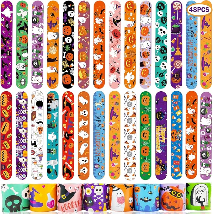 Viicoor 48 PCS Slap Bracelets Halloween Snap Bracelet Wrisrtband for Party Favors School Prizes Halloween Exchanging Gifts Goodies Bulk (15-Halloween-48PCS)