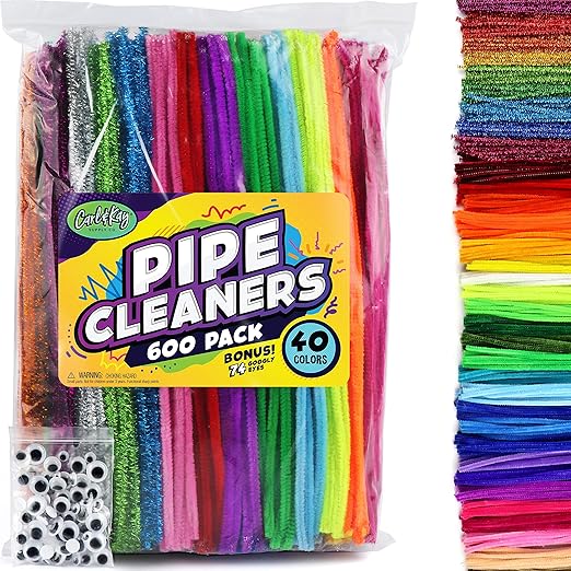 Carl & Kay 600 Pipe Cleaners & 74 Googly Eyes - Chenille Stems Craft - Colorful Pipe Cleaners for Kids - Bulk Soft Fuzzy Stems