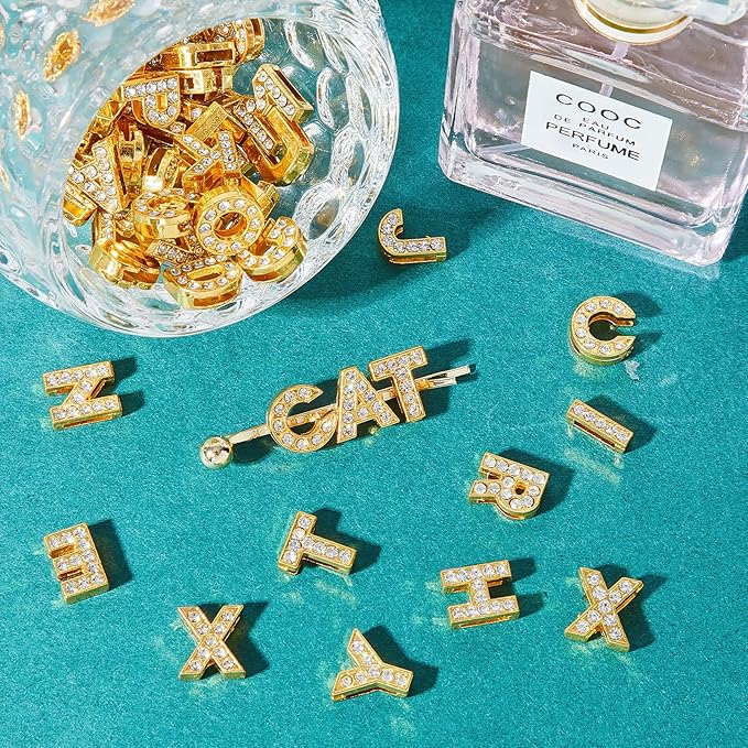 104 Pieces 8 mm Full Rhinestones Slide Alphabet Letters A-Z DIY Letters Charm for Wristbands Bracelets Necklace Choker Jewelry Making Charms Supplies, Gold