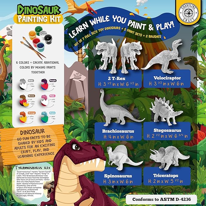 STEM.org Dinosaur Painting Kit for Kids with Dino Trivia-Dinosaur Crafts for Kids Ages 3-5 + w/ 2T-Rex Dinosaur Set - Screen Free, Educational Dinosaur Gifts for Boys, Dino Art Projects for Kids 4-6