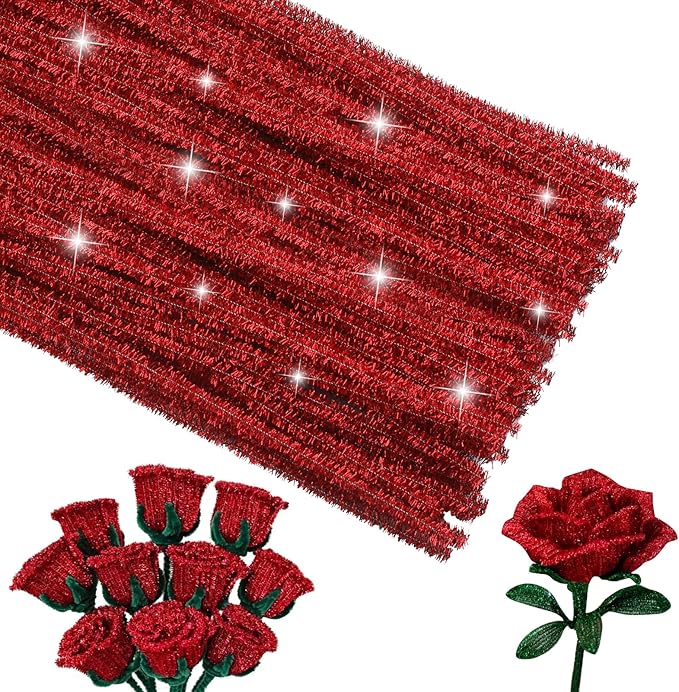 100Pcs Pipe Cleaners Craft, Glitter Pipe Cleaners Crafting Creative DIY Hand Craft Supplies for Festivals Decorations, Pipe Cleaners in Glitter Red