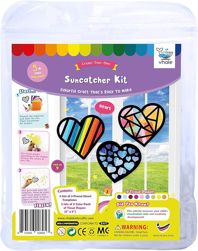 VHALE Suncatchers Craft 3 Sets (9 Cutouts) w Tissue Papers Stained Glass Effect Paper Sun Catcher Kit, Window Art, Classroom Crafts, Creative Art Projects, Kids Party Favors (Valentine Heart)