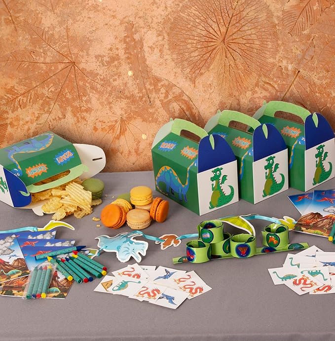 Tigerdoe Dinosaur Party Favor Set – Dragon Birthday Party Decorations - Dino Party Supplies – Dragon Party Favor Boxes - Coloring Books, Crayons, Slap Bracelets, tattoos