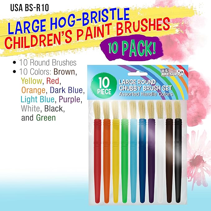 U.S. Art Supply 10-Piece Large Round Chubby Hog Bristle Paint Brushes Set – Durable Craft Paint Brushes, Easy-Grip Paint Brushes for Classroom, Watercolor & Poster Painting, Beginners Kit