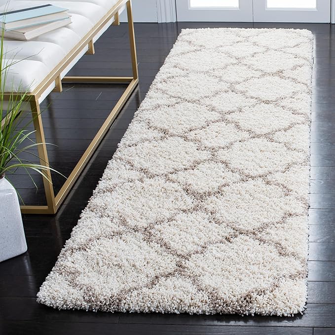 SAFAVIEH Hudson Shag Collection Runner Rug - 2'3" x 8', Ivory & Beige, Moroccan Trellis Design, Non-Shedding & Easy Care, 2-inch Thick Ideal for High Traffic Areas in Living Room, Bedroom (SGH282E)