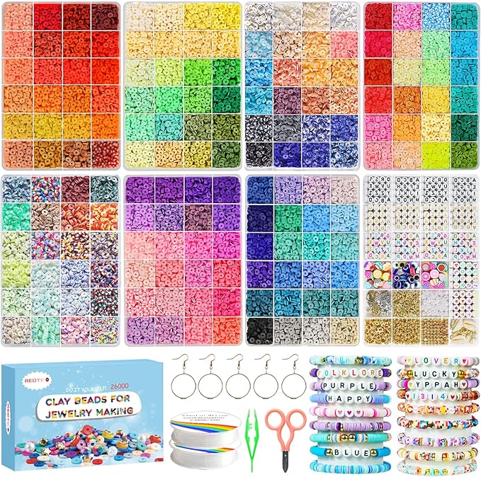 Redtwo 26000 Pcs Clay Beads Bracelet Making Kit, 168 Colors 8 Boxes Flat Polymer Clay Heishi Beads for Friendship Bracelet Jewelry Making Kit, with Charms Crafts Gifts for Teen Girls Kids Adults