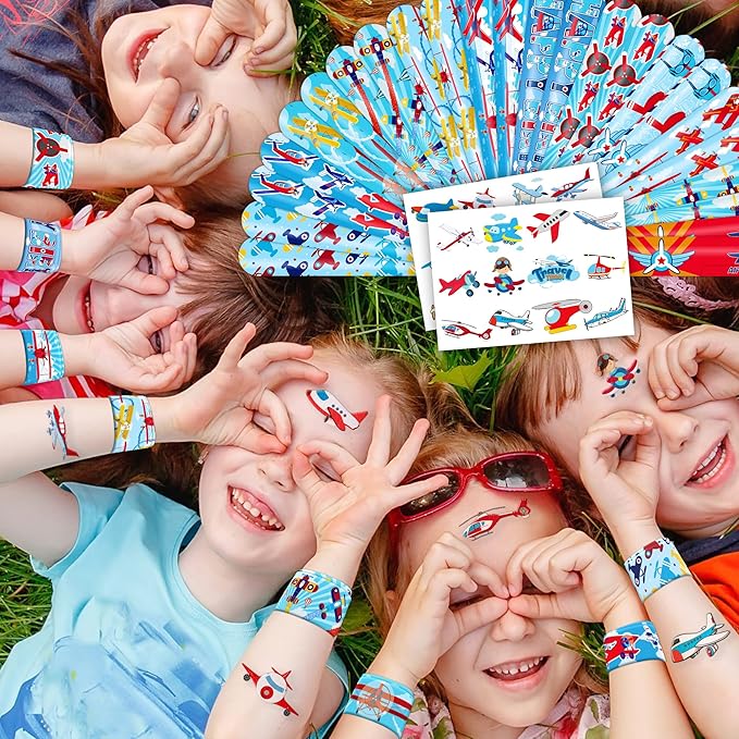 48PCS Airplane Party Favors - 24PCS Temporary Tattoos & 24PCS Airplane Slap Bracelets - Themed Birthday Party Supplies for Boys & Girls - Perfect Decorations, Gifts, School Prizes, Carnival Rewards