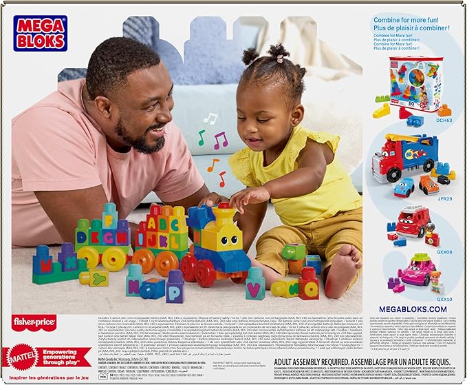 MEGA BLOKS First Builders Toddler Building Blocks Toy Set, ABC Musical Train with 50 Pieces, Music and Sounds, Ages 1+ Years