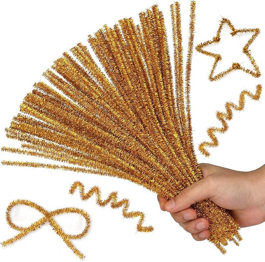 Hssugi Gold Pipe Cleaners, 100PCS Pipe Cleaners Craft Supplies, Glitter Golden Pipe Cleaners Bulk Fuzzy Sticks for DIY Art and Craft Projects Home Decoration